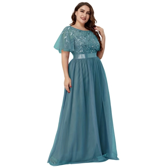 Beauty-Women Elegant Sequin Lace Maxi Formal Dress, Short Flutter Sleeve Round Neck Mesh Tulle Bridesmaid Gown, Breathable Summer Long Evening Dress for Wedding Guest, Prom, Party & Banquet Occasions