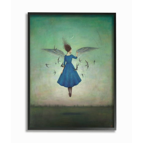 Beauty and Birds at Night Blue and Teal Illustration Framed Texturized Art