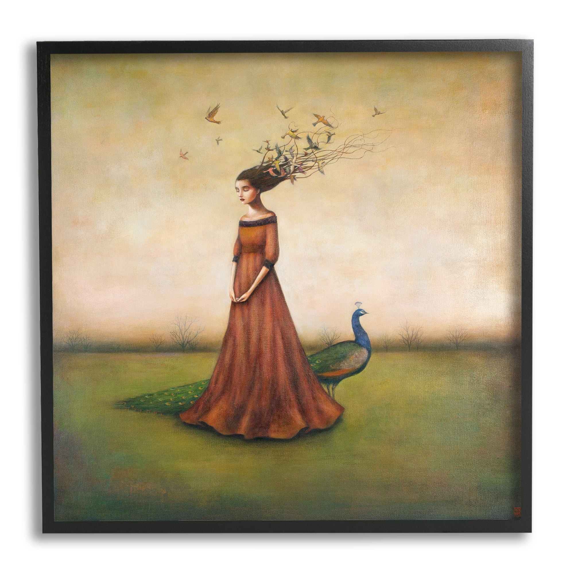 Beauty and Birds in Her Hair Woman and Peacock Illustration Abstract Framed Art Print Wall Art, 17x17