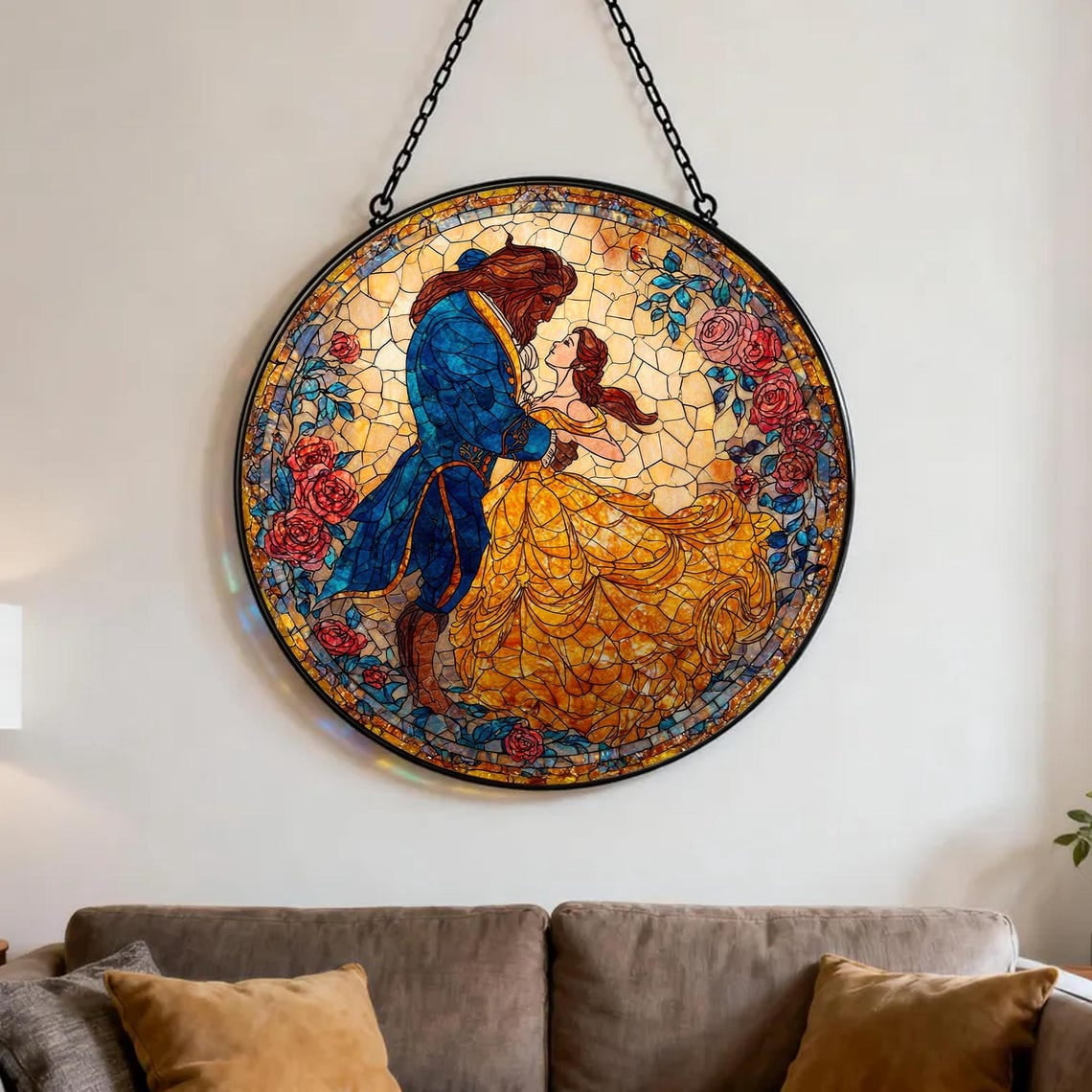 Beauty and The Beast Glass Suncatcher, Belle and Beast Rose Window ...