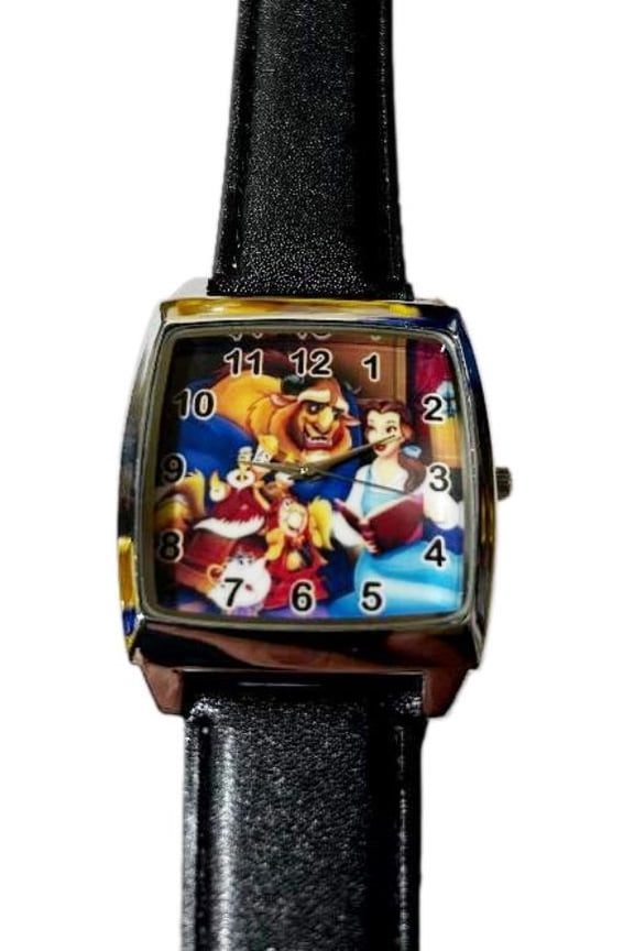 Beauty and the Beast Black Leather Strap Wristwatch