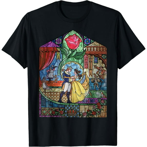 Beauty and the Beast Enchanted Stained Glass Window DTG Print Unisex T-Shirt,Black Color,Size XL
