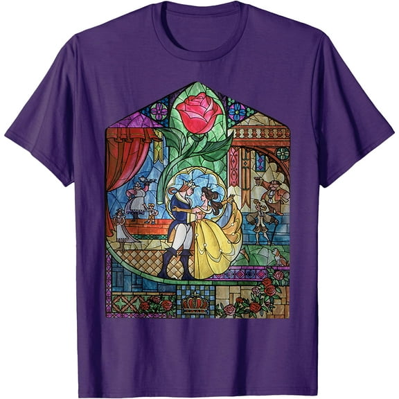 Beauty and the Beast Enchanted Stained Glass Window DTG Print Unisex T-Shirt