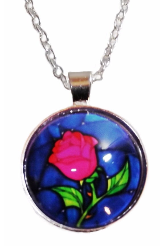 Beauty and the Beast ROSE Glass Dome Pendant on 20" Chain
