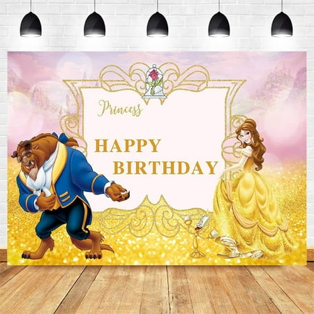 Princess Belle Theme Birthday Flag Background Banner Children's Party Decoration supplies Photography Photo Prop ,70.8x43.3inch.