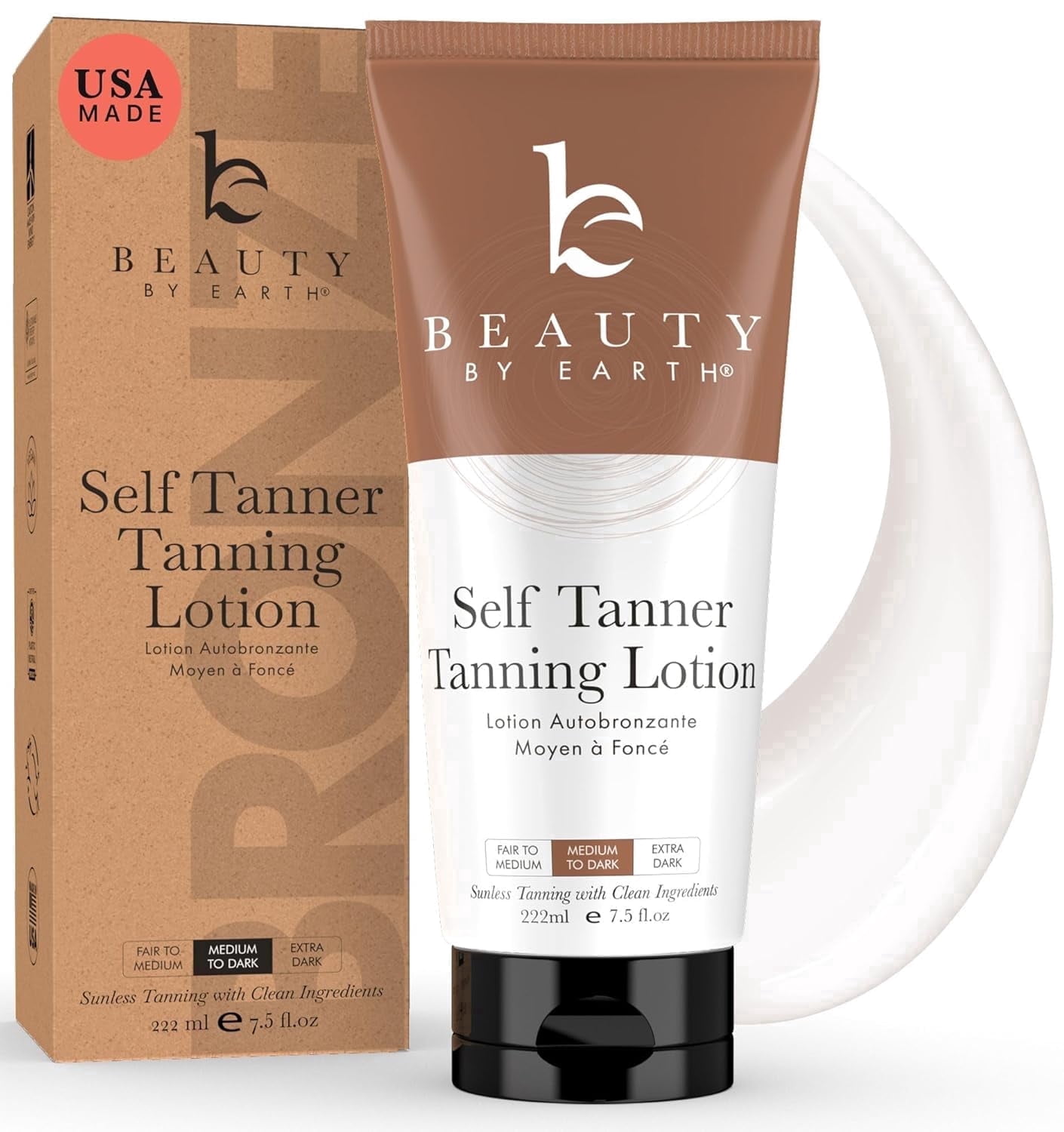 Beauty by Earth Self Tanner - Made with Organic Aloe Vera & Shea Butter, Sunless Tanning Lotion and Bronzer Buildable Light, Medium or Dark for Natural Looking Fake Tan, 1 Pack