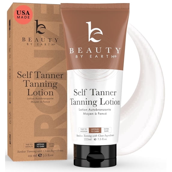 Beauty by Earth Self Tanner - Made with Organic Aloe Vera & Shea Butter, Sunless Tanning Lotion and Bronzer Buildable Light, Medium or Dark for Natural Looking Fake Tan, 1 Pack