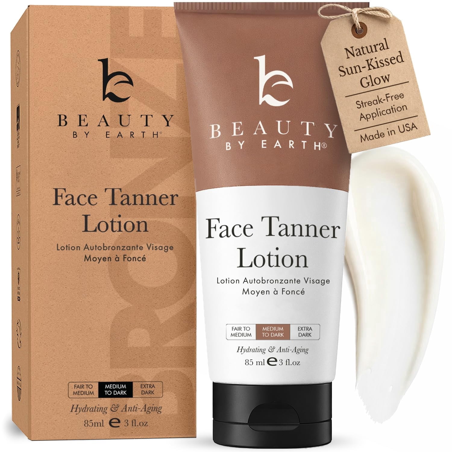 Beauty by Earth Self Tanner for Face with Organic & Natural Ingredients, Sunless Fake Tanning Lotion Medium to Dark