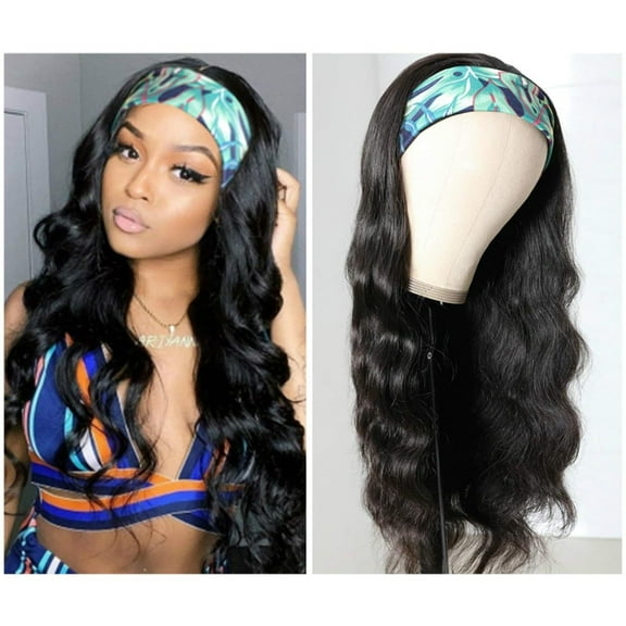 Beauty with headscarf synthetic headband black big wave long curly hair Headband Wig