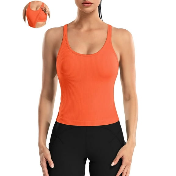 ANFERRY Ribbed Athletic Tank Tops for Women with Built in Bra Racerback Seamless Scoop Neck Workout Camis Top