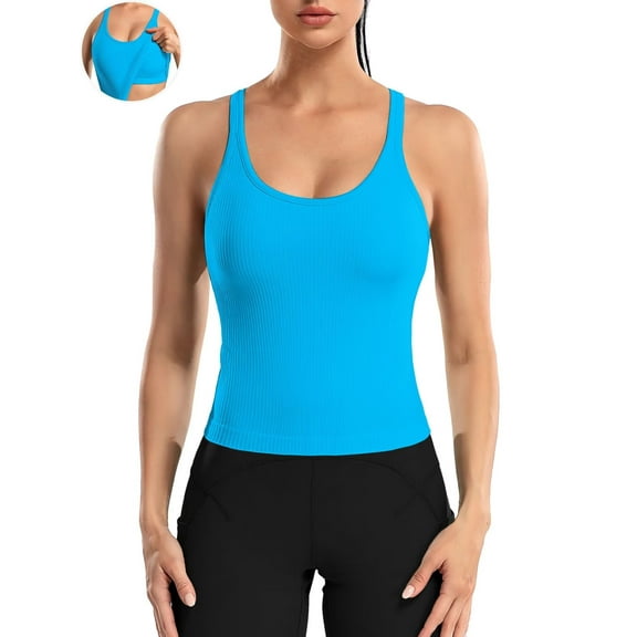 ANFERRY Ribbed Athletic Tank Tops for Women with Built in Bra Racerback Seamless Scoop Neck Workout Camis Top