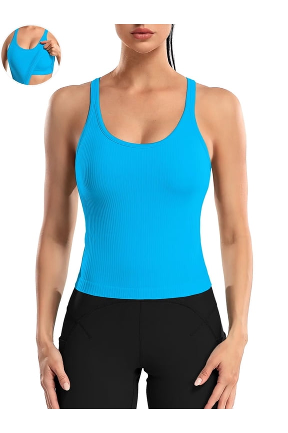 Ribbed Athletic Tank Tops for Women with Built in Bra Racerback Seamless Scoop Neck Workout Camis Top
