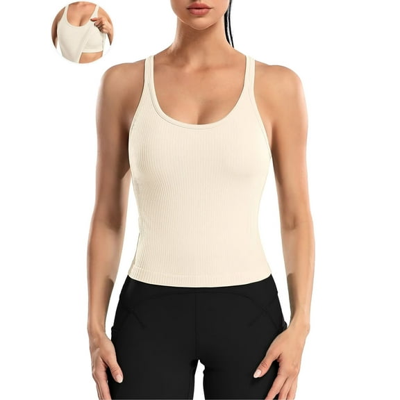 ANFERRY Ribbed Athletic Tank Tops for Women with Built in Bra Racerback Seamless Scoop Neck Workout Camis Top