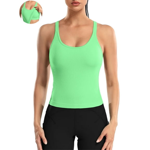 ANFERRY Ribbed Athletic Tank Tops for Women with Built in Bra Racerback Seamless Scoop Neck Workout Camis Top