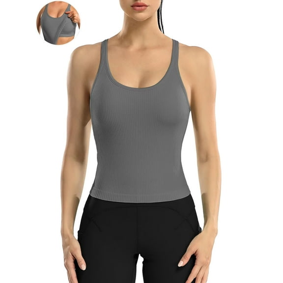 ANFERRY Ribbed Athletic Tank Tops for Women with Built in Bra Racerback Seamless Scoop Neck Workout Camis Top