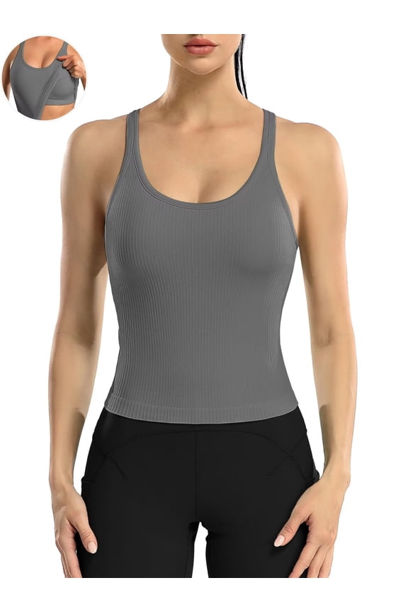 Ribbed Athletic Tank Tops for Women with Built in Bra Racerback Seamless Scoop Neck Workout Camis Top