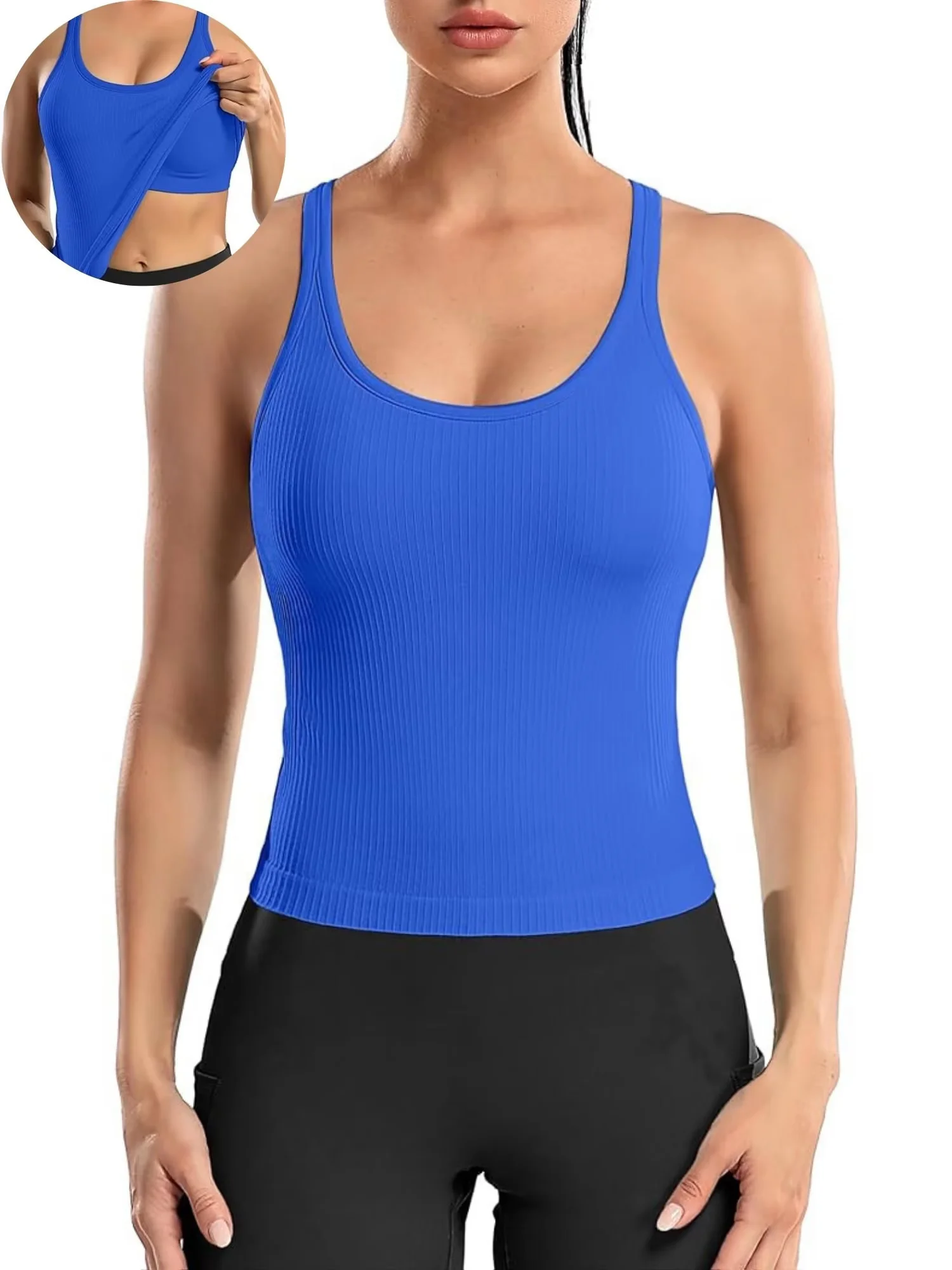ANFERRY Ribbed Athletic Tank Tops for Women with Built in Bra Racerback Seamless Scoop Neck Workout Camis Top