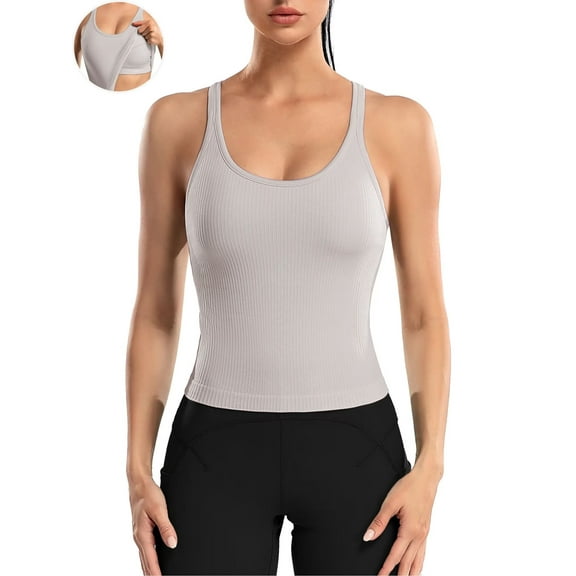 ANFERRY Ribbed Athletic Tank Tops for Women with Built in Bra Racerback Seamless Scoop Neck Workout Camis Top