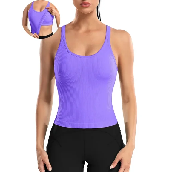 ANFERRY Ribbed Athletic Tank Tops for Women with Built in Bra Racerback Seamless Scoop Neck Workout Camis Top