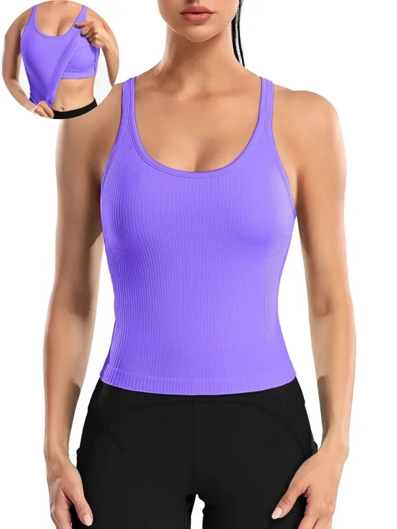 Ribbed Athletic Tank Tops for Women with Built in Bra Racerback Seamless Scoop Neck Workout Camis Top