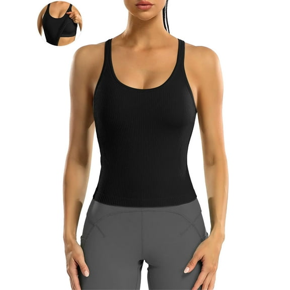 ANFERRY Ribbed Athletic Tank Tops for Women with Built in Bra Racerback Seamless Scoop Neck Workout Camis Top