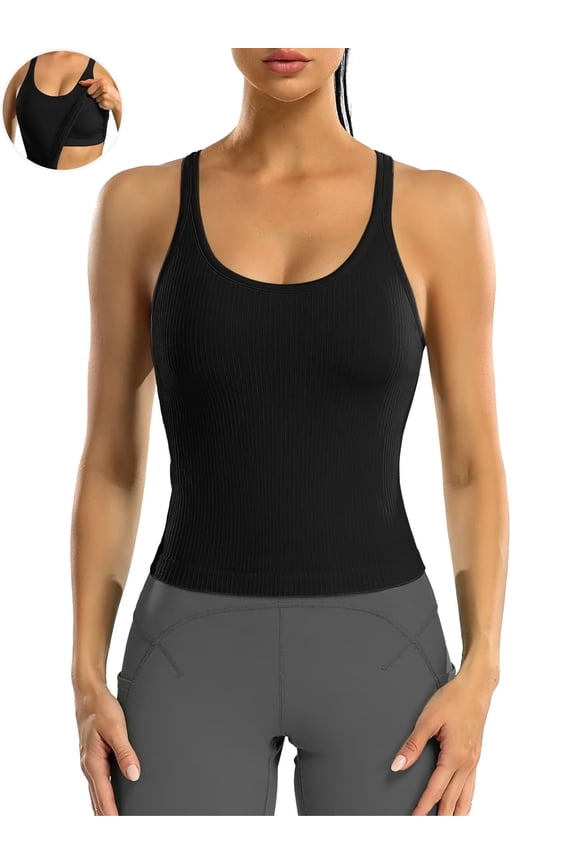 Ribbed Athletic Tank Tops for Women with Built in Bra Racerback Seamless Scoop Neck Workout Camis Top