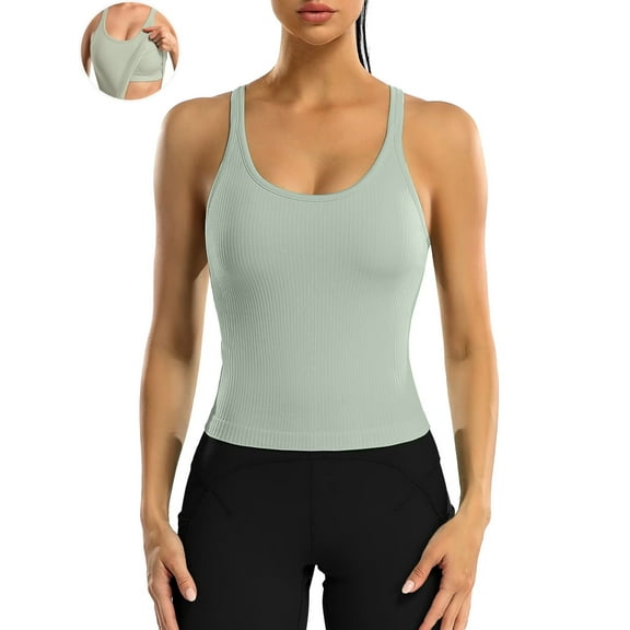ANFERRY Ribbed Athletic Tank Tops for Women with Built in Bra Racerback Seamless Scoop Neck Workout Camis Top