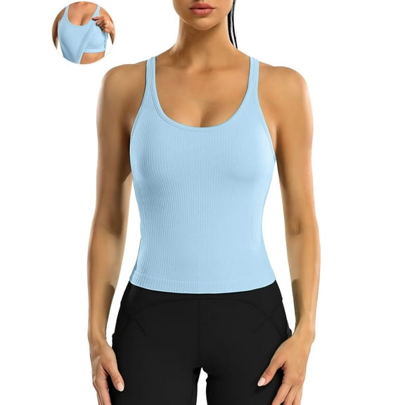 ANFERRY Ribbed Athletic Tank Tops for Women with Built in Bra Racerback Seamless Scoop Neck Workout Camis Top