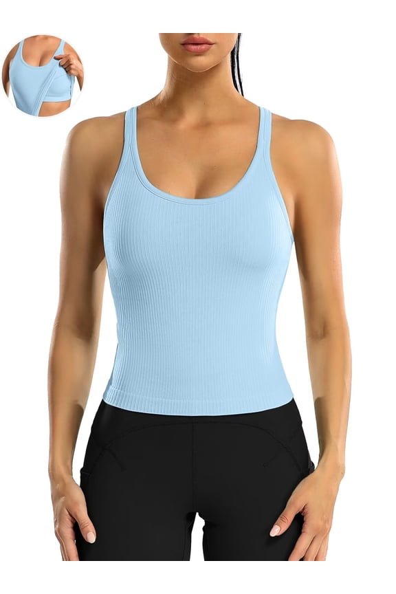 Ribbed Athletic Tank Tops for Women with Built in Bra Racerback Seamless Scoop Neck Workout Camis Top