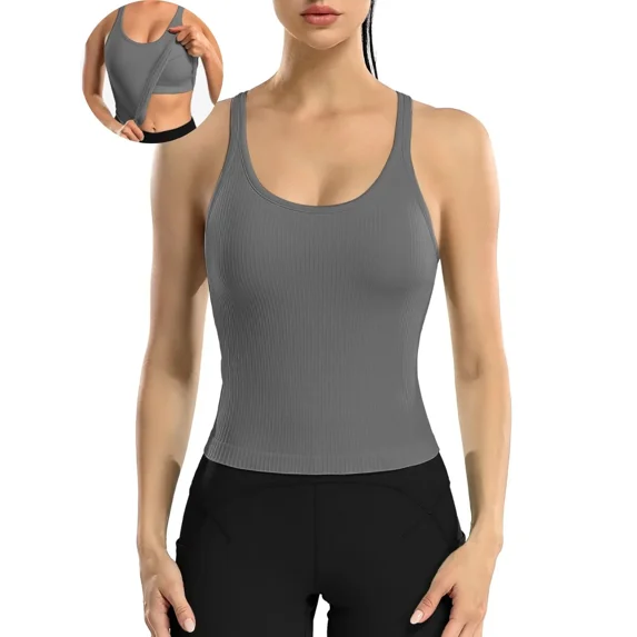 ANFERRY Ribbed Athletic Tank Tops for Women with Built in Bra Racerback Seamless Scoop Neck Workout Camis Top