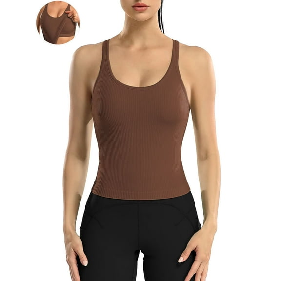 ANFERRY Ribbed Athletic Tank Tops for Women with Built in Bra Racerback Seamless Scoop Neck Workout Camis Top