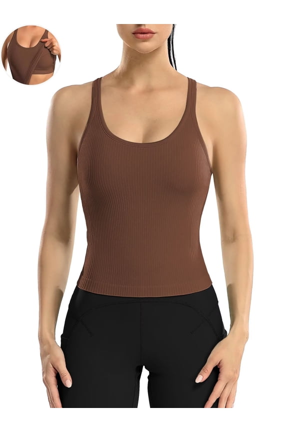 Ribbed Athletic Tank Tops for Women with Built in Bra Racerback Seamless Scoop Neck Workout Camis Top