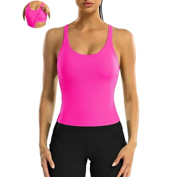 ANFERRY Ribbed Athletic Tank Tops for Women with Built in Bra Racerback Seamless Scoop Neck Workout Camis Top