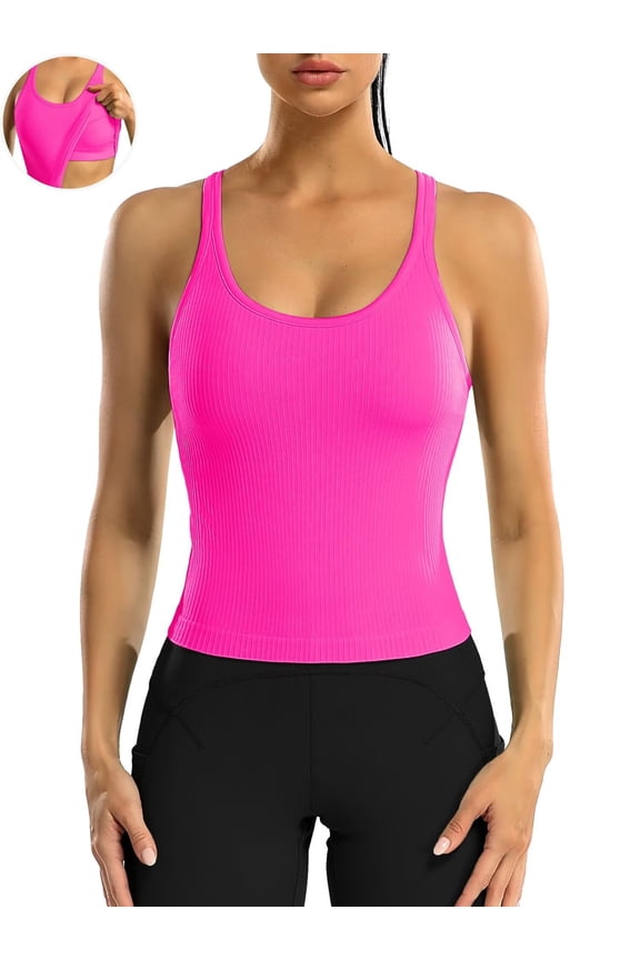 Ribbed Athletic Tank Tops for Women with Built in Bra Racerback Seamless Scoop Neck Workout Camis Top
