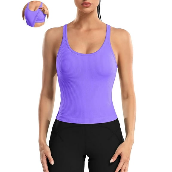 ANFERRY Ribbed Athletic Tank Tops for Women with Built in Bra Racerback Seamless Scoop Neck Workout Camis Top