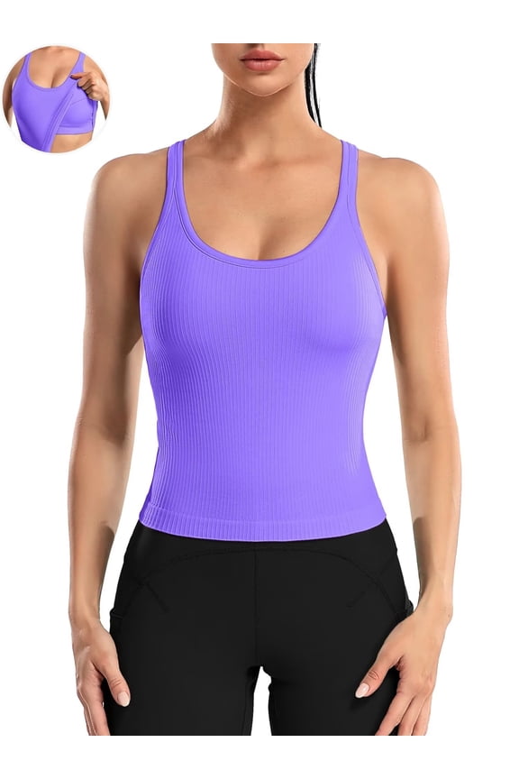 Ribbed Athletic Tank Tops for Women with Built in Bra Racerback Seamless Scoop Neck Workout Camis Top