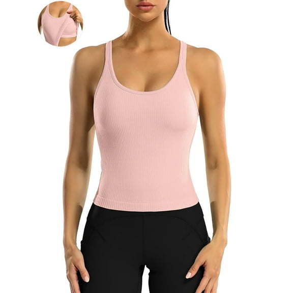 ANFERRY Ribbed Athletic Tank Tops for Women with Built in Bra Racerback Seamless Scoop Neck Workout Camis Top