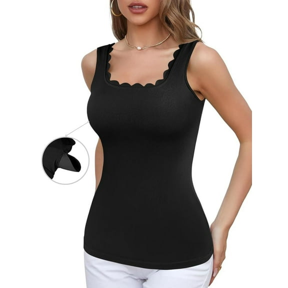ANFERRY Women's Tank Tops Scalloped Square Neck Camisoles Sleeveless Built in Bras Athletic Casual Cami Shirts
