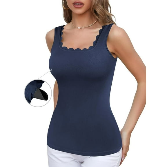 ANFERRY Women's Tank Tops Scalloped Square Neck Camisoles Sleeveless Built in Bras Athletic Casual Cami Shirts