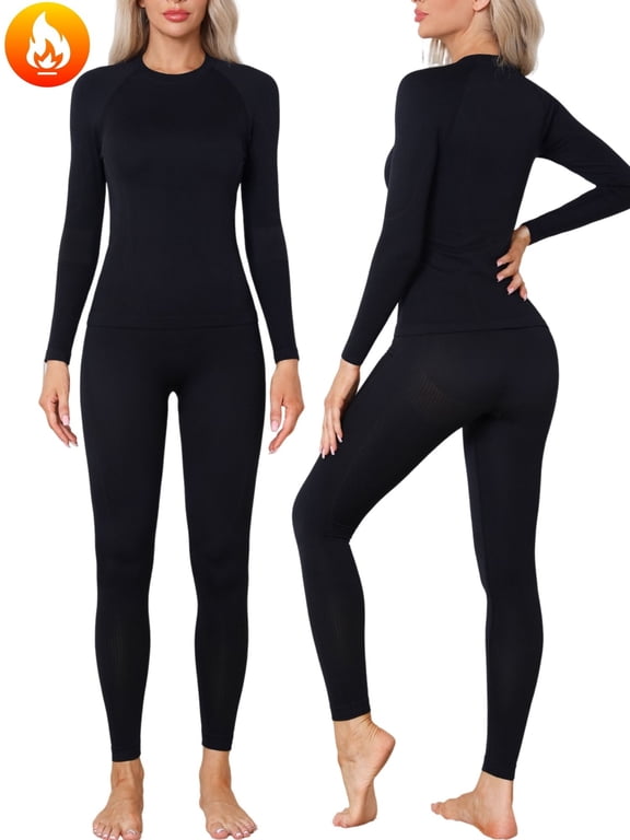 Womens Ski Base Layers Breathable Sweat Wicking Thermal Underwear Crew Neck Seamless Outfit Sets for Cold Weather