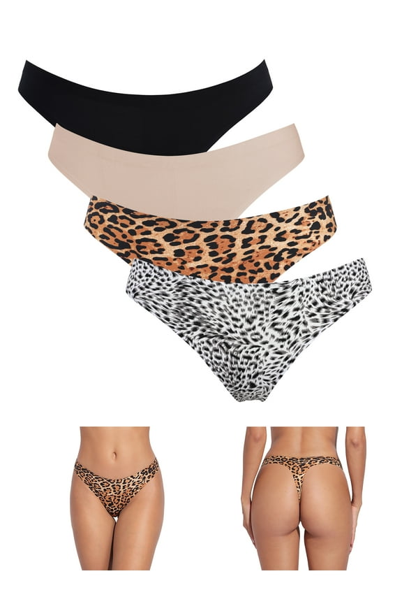 Women's Leopard Tanga Panties Nylon Thong Underwear 4 Pack
