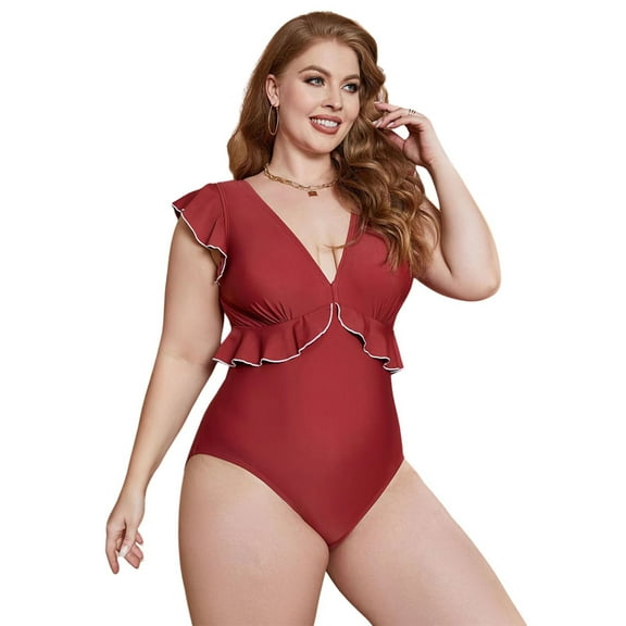 BeautyIn Women's Plus Size Swimwear Solid Color One Piece Swimsuits Sexy Monokini Lotus Style Bathing Suits Deep V-neck Hollow-out Swimming Suits