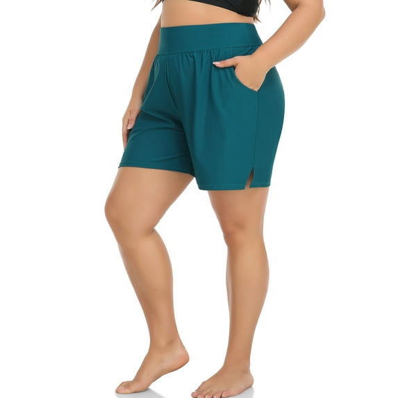 BeautyIn Women's Plus-size Swim Shorts High-waisted Beach Pants Split Swimsuit Bottoms with Pockets Color Swimming Trunks With Pockets