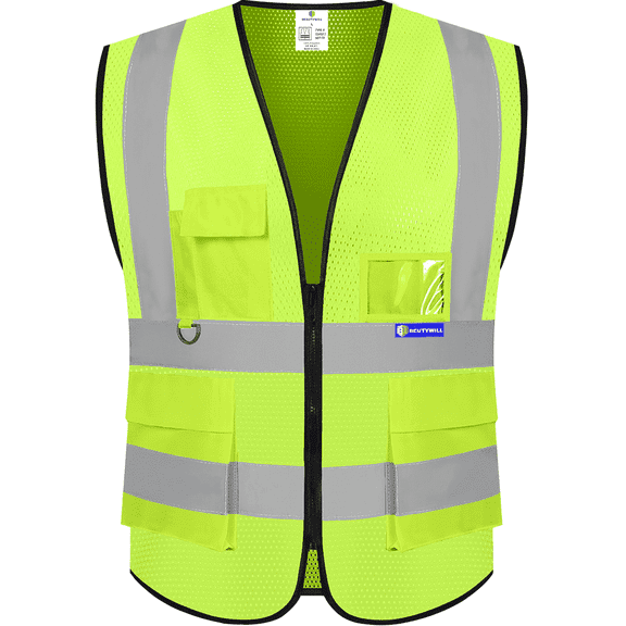 BeautyWill Class 2 High Visibility Safety Vest, 5-Pocket Reflective Work Vest with Zipper & ID Holder