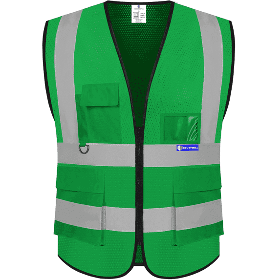 BeautyWill Class 2 High Visibility Safety Vest, 5-Pocket Reflective Work Vest with Zipper & ID Holder
