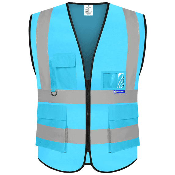 BeautyWill Class 2 High Visibility Safety Vest, 5-Pocket Reflective Work Vest with Zipper & ID Holder