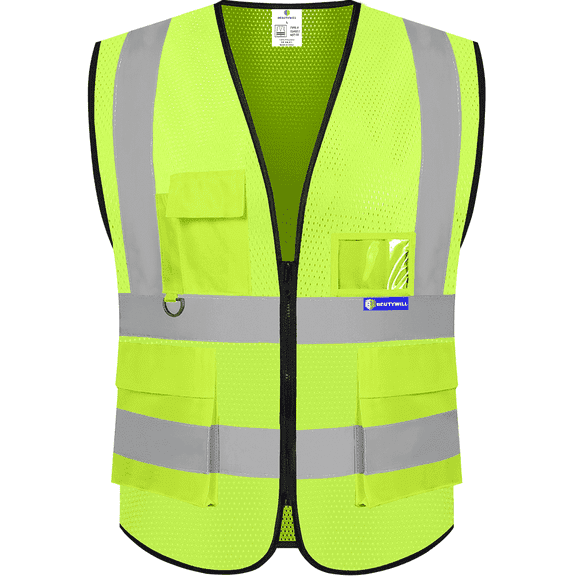 BeautyWill Class 2 High Visibility Safety Vest, 5-Pocket Reflective Work Vest with Zipper & ID Holder