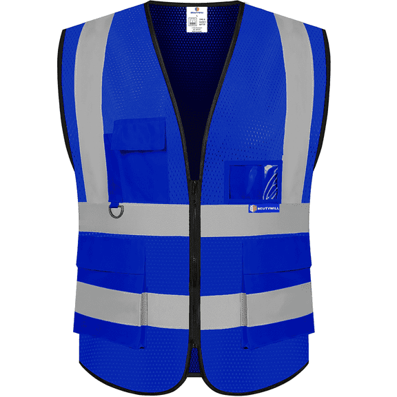 BeautyWill Class 2 High Visibility Safety Vest, 5-Pocket Reflective Work Vest with Zipper & ID Holder