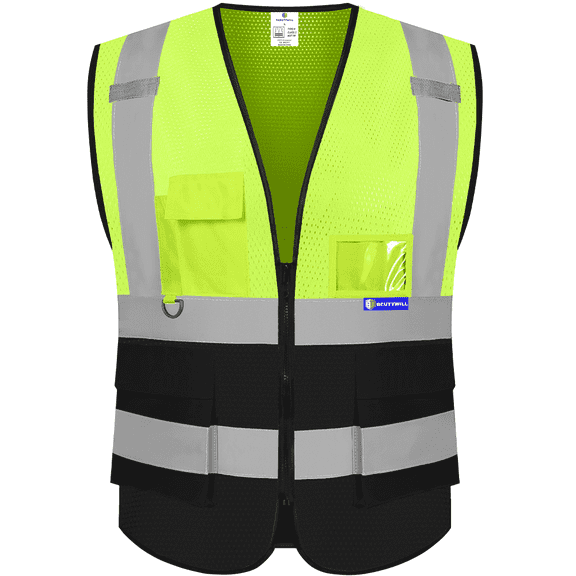 BeautyWill Class 2 High Visibility Safety Vest, 5 Pockets Mesh Reflective Work Vest with Zipper & ID Holder, Yellow Black for Construction Work