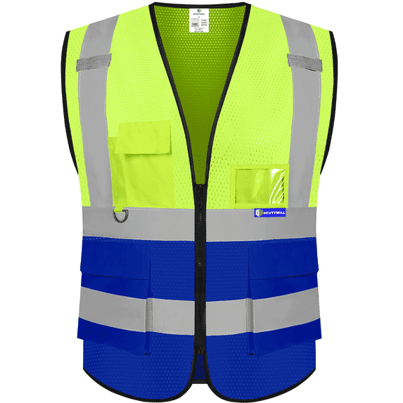 BeautyWill Class 2 High Visibility Safety Vest, 5 Pockets Mesh Reflective Work Vest with Zipper & ID Holder, Yellow Blue for Construction Work